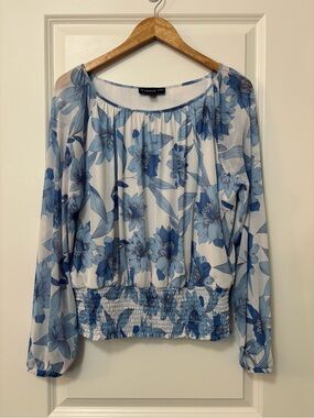 Harper 241 Blue Floral Print Sheer Long-Sleeve Banded Bottom Top, Size M